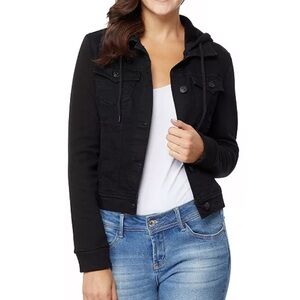 Juniors' Wallflower Dreamer Knit-Sleeve Hooded
Jean Jacket